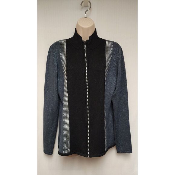 Fontana Black Ribbed Shimmer Jeweled Zip Up Sweater Size Medium - Picture 2 of 5